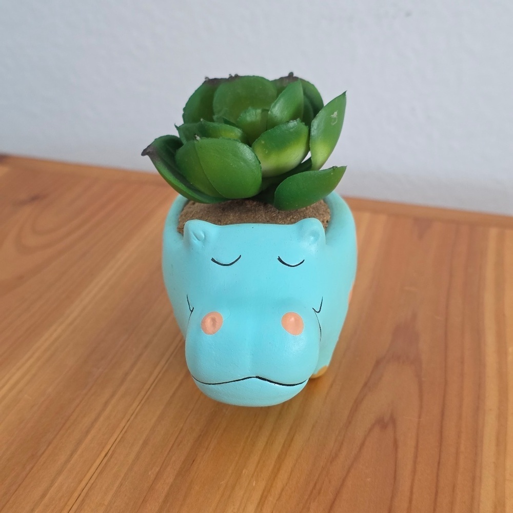 Ceramic Hippo Faux Succulent Planter